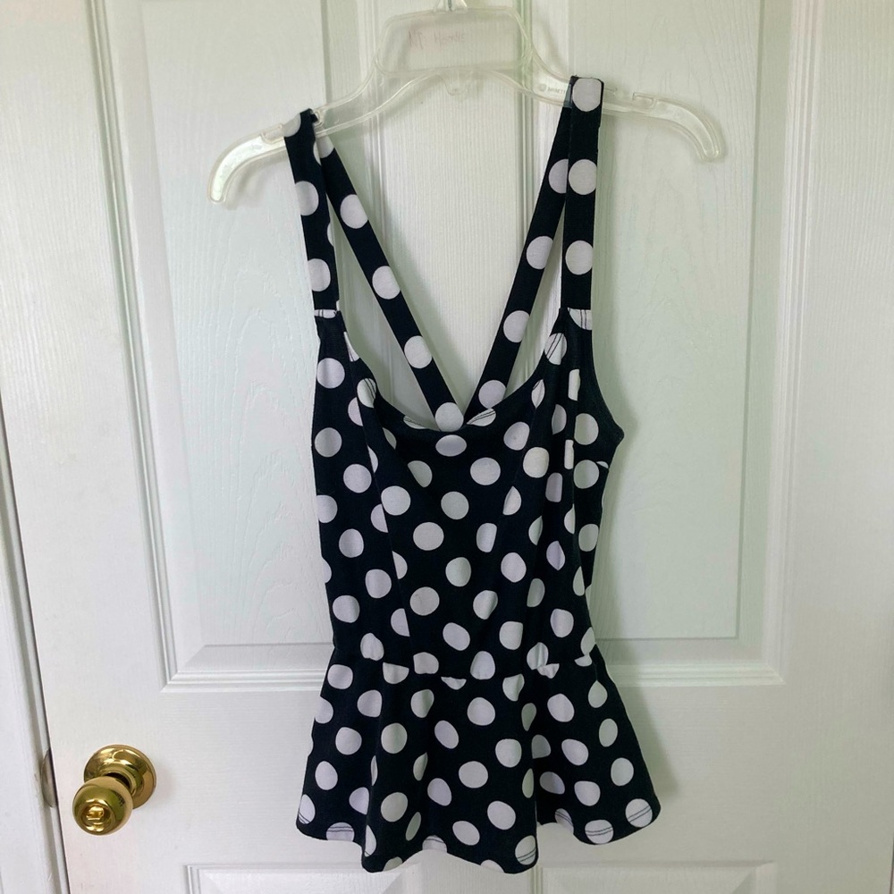 Liberty Love polka-dot peplum top crossing straps in back size M black & white